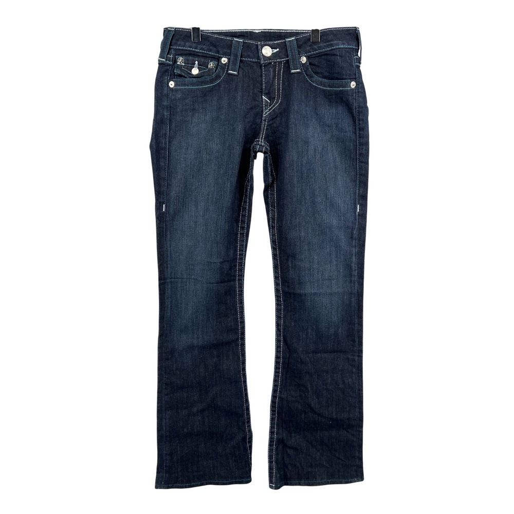 True Religion Joey Bootcut Jeans Dark Wash Blue Stitching USA Made 28 WLH564DE9